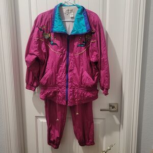 Vtg 80s Nylon Track Suit Hot Pink Turquoise Blue Embroidered Size PS Westbound P